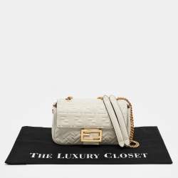 Pre Owned Fendi White FF Embossed Leather Midi Chain Baguette Bag