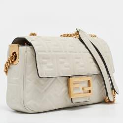 Pre Owned Fendi White FF Embossed Leather Midi Chain Baguette Bag