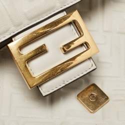 Pre Owned Fendi White FF Embossed Leather Midi Chain Baguette Bag