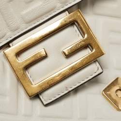 Pre Owned Fendi White FF Embossed Leather Midi Chain Baguette Bag
