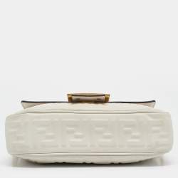 Pre Owned Fendi White FF Embossed Leather Midi Chain Baguette Bag