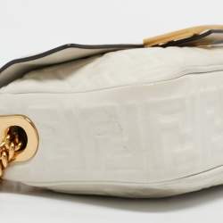 Pre Owned Fendi White FF Embossed Leather Midi Chain Baguette Bag