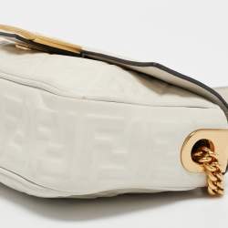 Pre Owned Fendi White FF Embossed Leather Midi Chain Baguette Bag