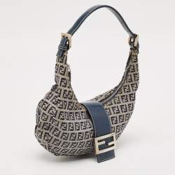 Fendi Navy Blue Zucchino Canvas and Leather FF Flap Hobo