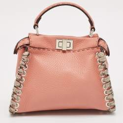 Pre Owned Fendi Old Rose Leather and Snakeskin Leather Mini Whipstitch Peekaboo Top Handle Bag