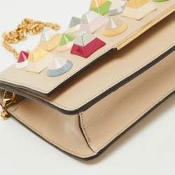Fendi Beige Leather Studded Flap Wallet on Chain 