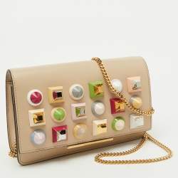 Fendi Beige Leather Studded Flap Wallet on Chain 