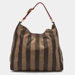 Pre Owned Fendi Tobacco/Red Pequin Stripe Canvas and Leather Hobo
