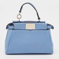 Pre Owned Fendi Light Blue Leather Micro Peekaboo Top Handle Bag