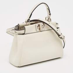 Pre Owned Fendi White Leather Micro Peekaboo Top Handle Bag