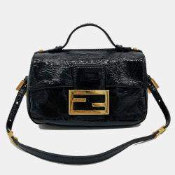 Fendi Black Patent And Silk Zucca Double Mini Baguette