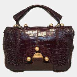 Fendi Brown Alligator And Mink Fur Satchel Handbag