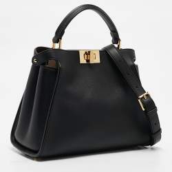Pre Owned Fendi Black Leather Peekaboo Iconic Essentially Top Handle Bag