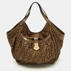 Pre Owned Fendi Tobacco Zucca Canvas and Textured Leather Chef Tote
