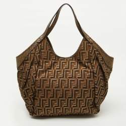 Pre Owned Fendi Tobacco Zucca Canvas and Textured Leather Chef Tote