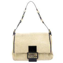 Pre Owned Fendi Beige Raffia and Python Detail Mama Forever Shoulder Bag