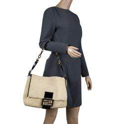 Pre Owned Fendi Beige Raffia and Python Detail Mama Forever Shoulder Bag