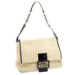 Pre Owned Fendi Beige Raffia and Python Detail Mama Forever Shoulder Bag