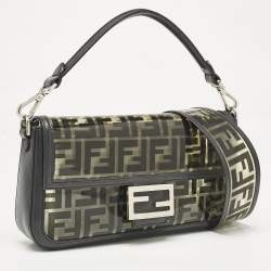 Pre Owned Fendi Black Zucca Embossed PVC and Leather Medium Baguette Bag