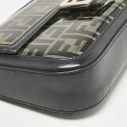 Pre Owned Fendi Black Zucca Embossed PVC and Leather Medium Baguette Bag