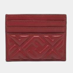 Pre Owned Fendi Burgundy Zucca Embossed Leather Baguette Card Holder
