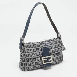 Pre Owned Fendi Blue Zucchino Canvas and Leather Baguette Bag