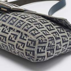 Pre Owned Fendi Blue Zucchino Canvas and Leather Baguette Bag