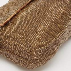 Pre Owned Fendi Gold/Brown Beaded and Leather Baguette Flap Bag