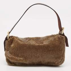 Pre Owned Fendi Gold/Brown Beaded and Leather Baguette Flap Bag