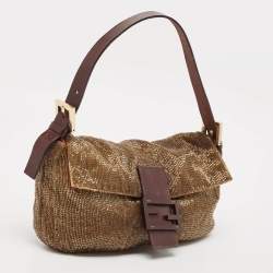 Pre Owned Fendi Gold/Brown Beaded and Leather Baguette Flap Bag