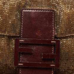 Pre Owned Fendi Gold/Brown Beaded and Leather Baguette Flap Bag