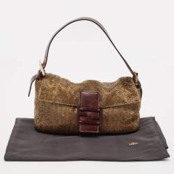 Pre Owned Fendi Gold/Brown Beaded and Leather Baguette Flap Bag