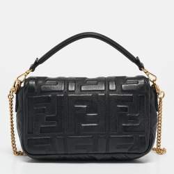Fendi Black Leather FF Motif Baguette Mini Chain Bag