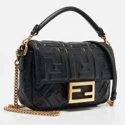 Fendi Black Leather FF Motif Baguette Mini Chain Bag
