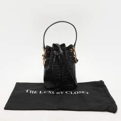 Pre Owned Fendi Black Zucca Leather Mini Mon Tresor Drawstring Bucket Bag