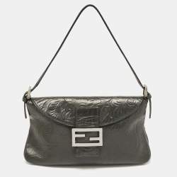 Fendi Black Embossed Leather Double Baguette Bag
