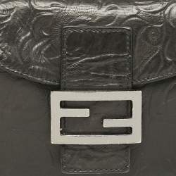 Fendi Black Embossed Leather Double Baguette Bag