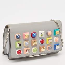 Fendi Grey Leather Studded Wallet On Chain