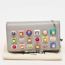 Fendi Grey Leather Studded Wallet On Chain