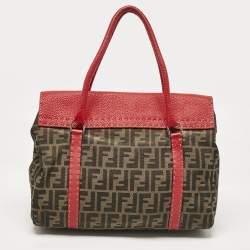 Fendi Red/Tobacco Zucca Canvas and Selleria Leather Large Linda Satchel