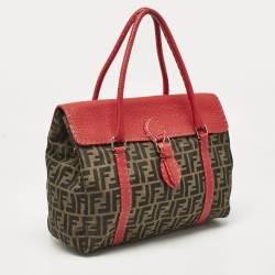 Fendi Red/Tobacco Zucca Canvas and Selleria Leather Large Linda Satchel