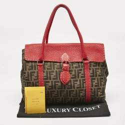 Fendi Red/Tobacco Zucca Canvas and Selleria Leather Large Linda Satchel
