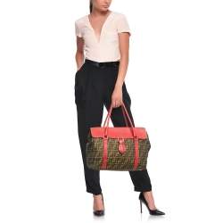 Fendi Red/Tobacco Zucca Canvas and Selleria Leather Large Linda Satchel