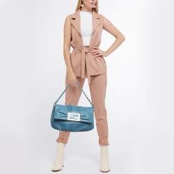 Pre Owned Fendi Teal Blue Leather Mia Flap Shoulder Bag