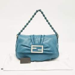 Pre Owned Fendi Teal Blue Leather Mia Flap Shoulder Bag