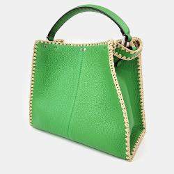 Pre Owned Fendi Green Leather Selleria Tote And Shoulder Bag