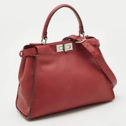 Fendi Red Selleria Leather Regular Peekaboo Top Handle Bag