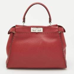 Fendi Red Selleria Leather Regular Peekaboo Top Handle Bag