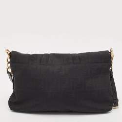 Pre Owned Fendi Black Zucca Canvas and Patent Leather Large Mia Flap Bag