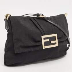 Pre Owned Fendi Black Zucca Canvas and Patent Leather Large Mia Flap Bag